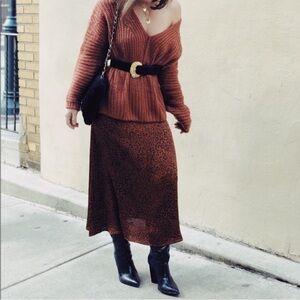 Brown leopard satin midi skirt